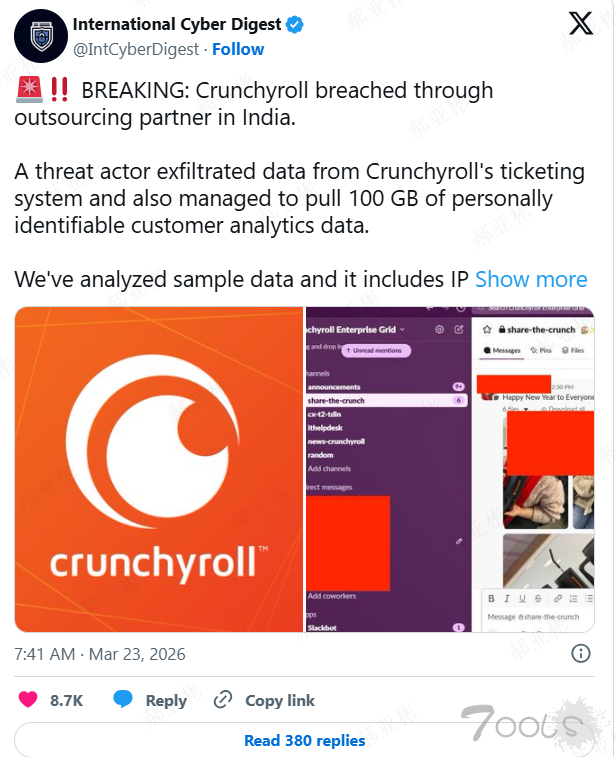 Crunchyroll数据泄露：威胁行为者声称窃取100 GB用户数据